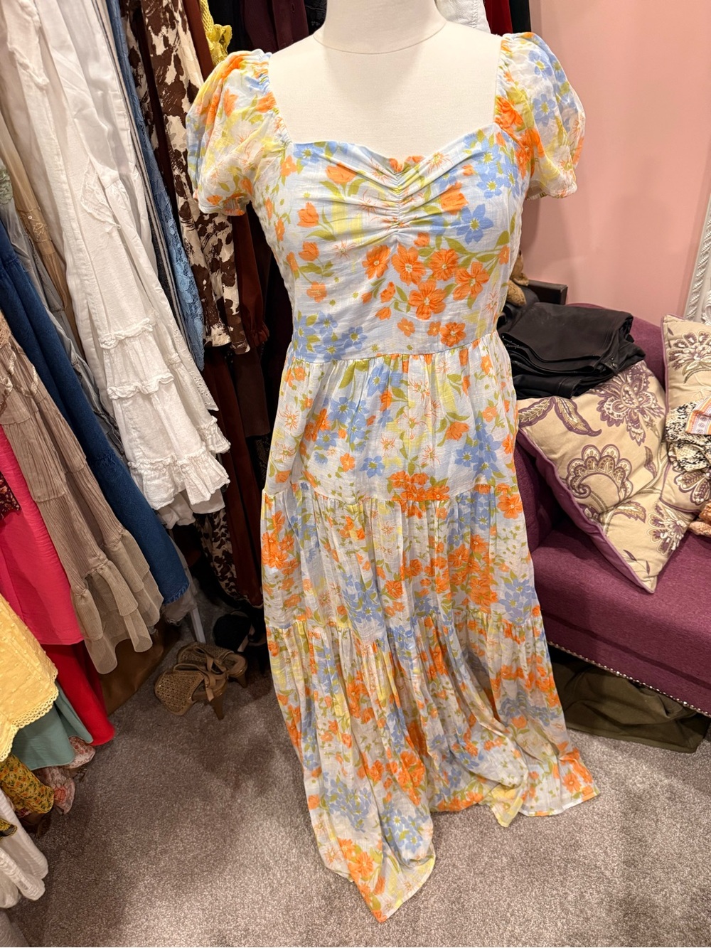 Billabong Floral Puff-Sleeve Maxi Dress in Orange & Light Blue